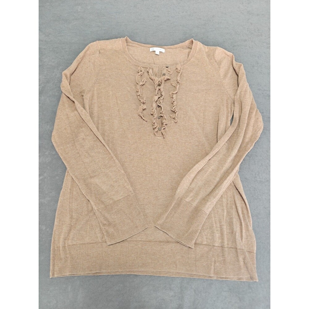 Gap Women’s Cashmere Blend Ruffle Henley Sweater Large Tan Brown Lightweight